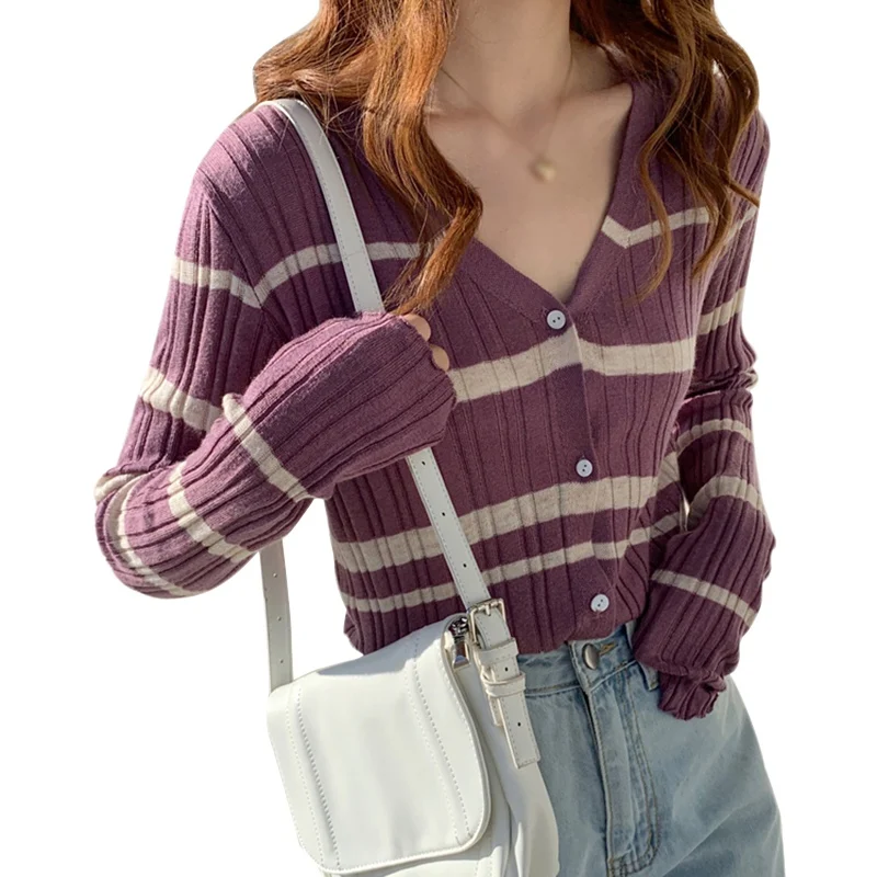 

Осенний женский облегающий свитер с V-образным вырезом, мягкий восковой вязаный нежный тонкий полосатый короткий кардиган с длинным рукаво...