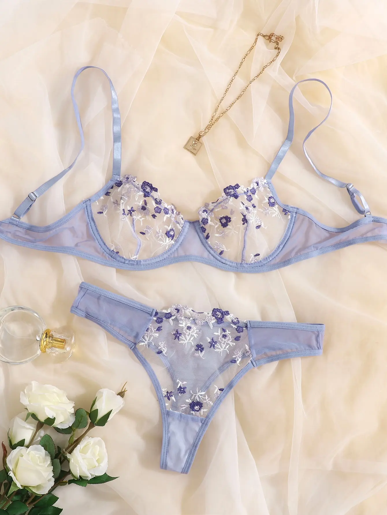 Ellolace Lingerie Sexy Floral Embroidery Underwear Transparent Lace Short Skin Care Kits Delicate Fairy Set Woman 2 Pieces