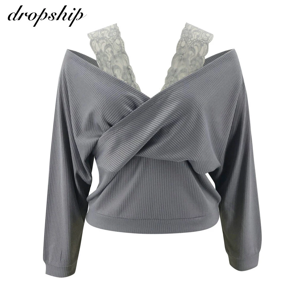 

Autumn Winter Women Sweater Long Sleeve V Neck Lace Knitwear Loose Casual Pullover Jumper Tops Ladies Fashion Streetwear