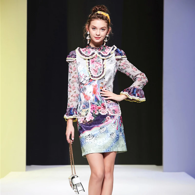 

Runway Spring New Women Jacquard Satin Patchwork Chiffon Long Sleeve Beading Vintage Elegant Fashion Party Ladies Mini Dress