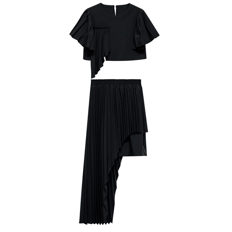 

[EAM] Pleated Irregular Half-body Skirt Two Pieces Suit New Round Neck Short Sleeve Women Fashion Spring Summer 2021 1DD9189