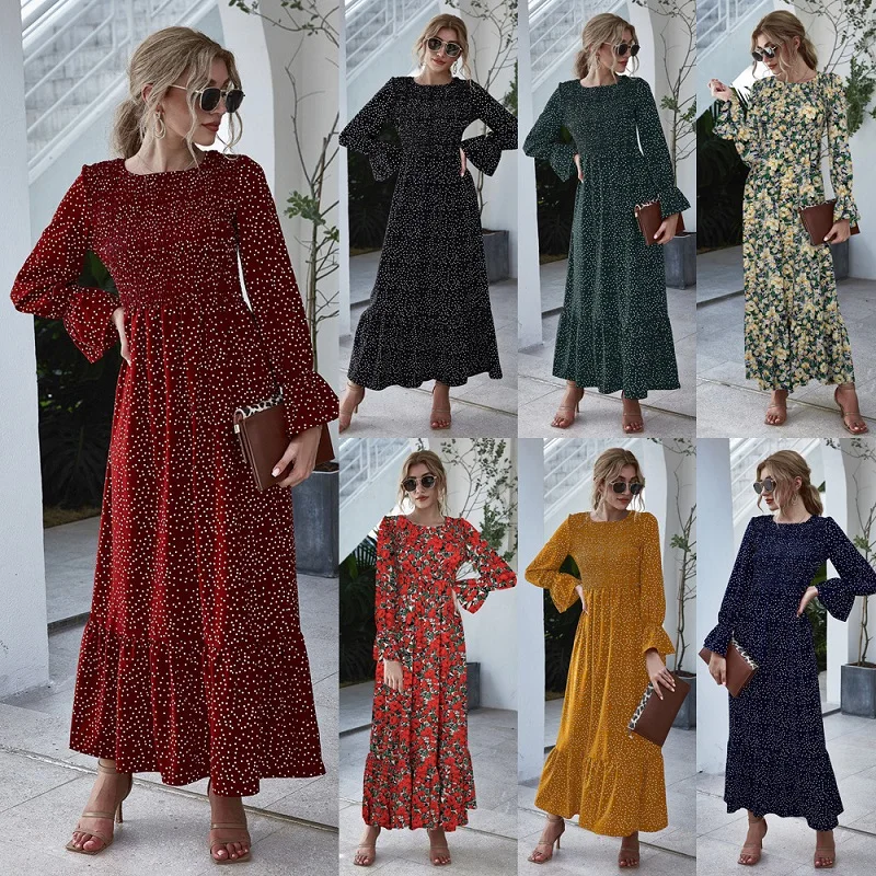 

Polka Dot Print Ruffle Women A-Line Long Dresses Casual O Neck Butterfly Sleeve Lady Dress Spring New Vintage Floral Party Dress