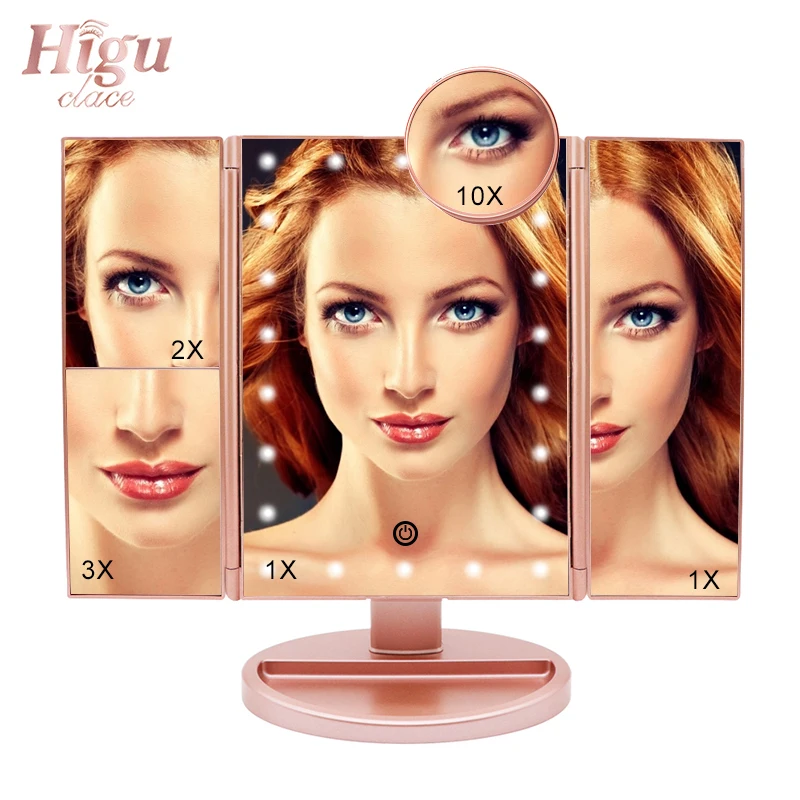 

Makeup Mirror With LED Lights Touch Screen 3 Fold adjustable 180 Degree Flexible Cosmetic mirrors USB Or Batteries Use Higu