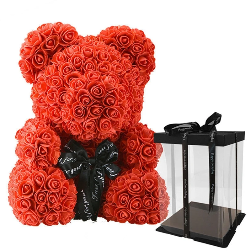 

40cm Rose Flower Bear with Gift Box Valentines Day Gift for Girlfriend Birthday