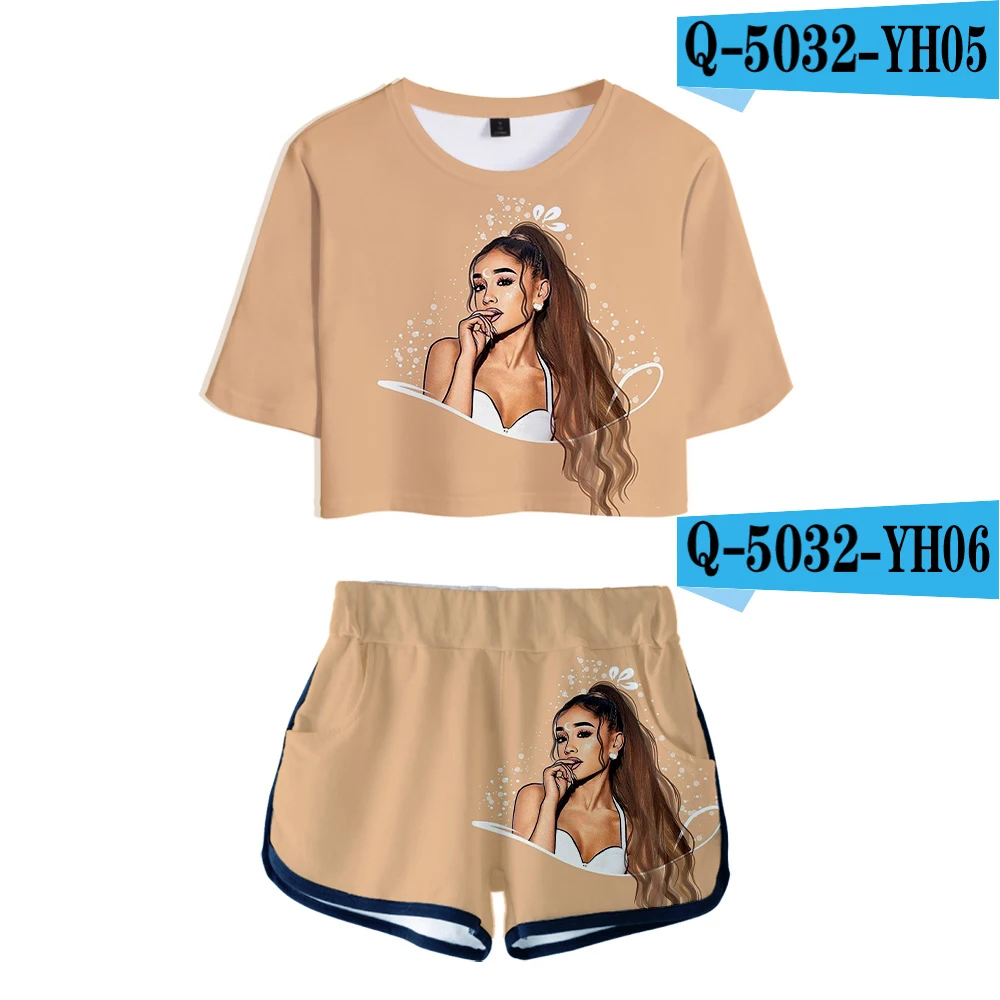 

Комплект из двух предметов с 3D принтом Ariana Grande + короткие брюки, летняя трендовая женская футболка с принтом «росиный пупок», футболка для де...