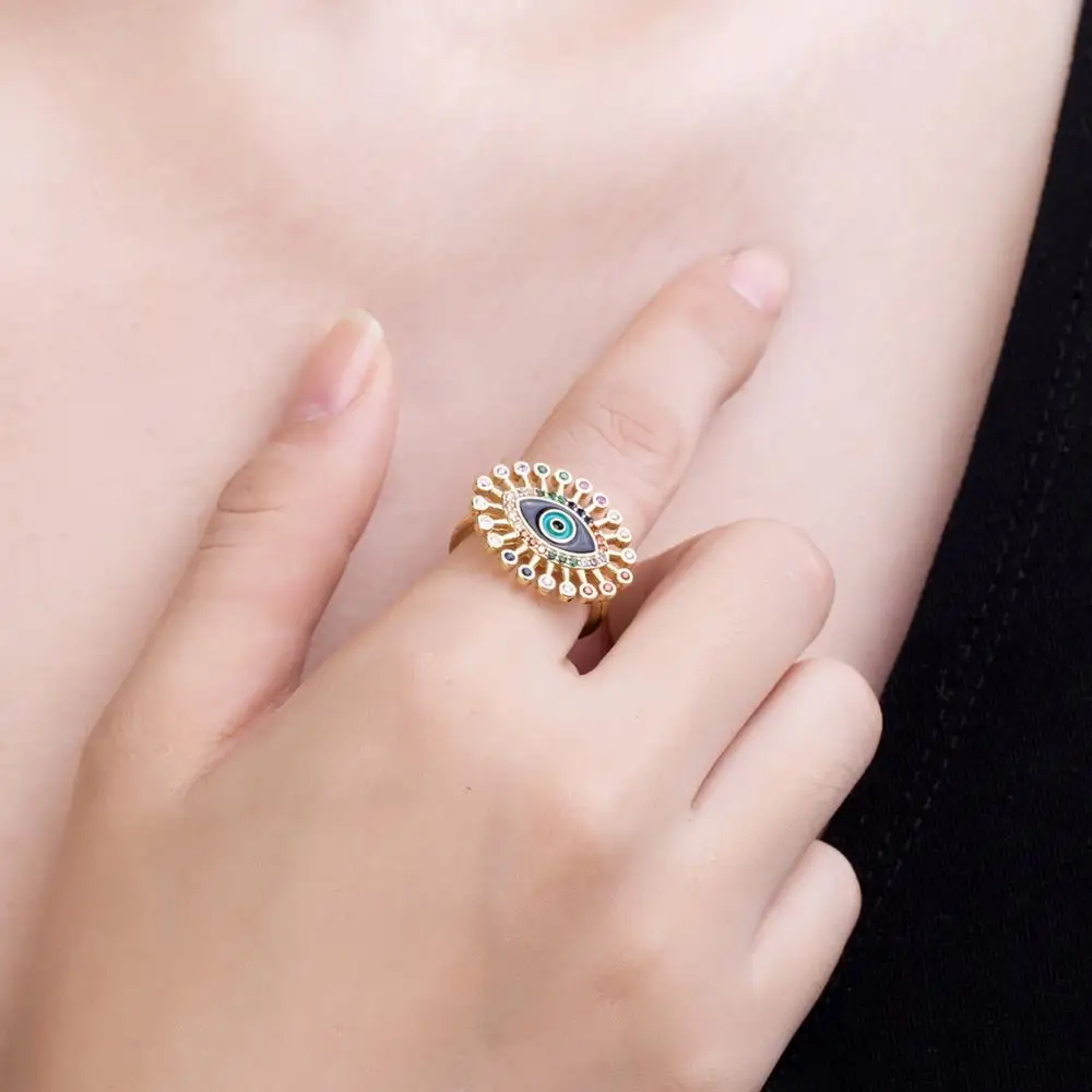 Модное открытое эмалированное Золотое кольцо с короной и паве сглаза на удачу