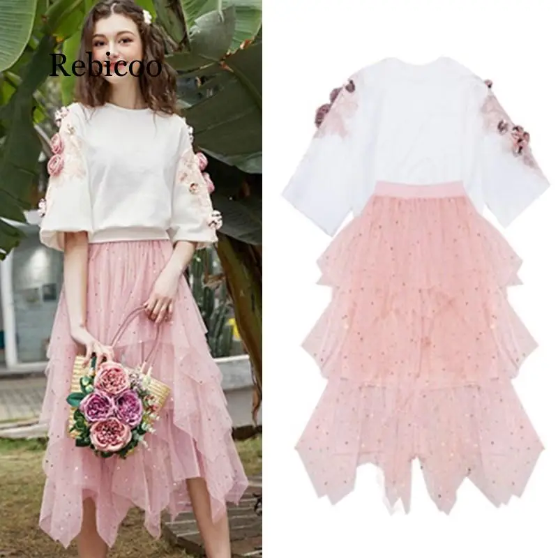 

High quality clothing set women's luxury floral applique top + long mesh star party bohemian skirt set