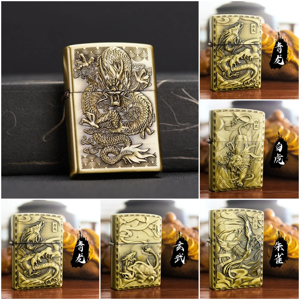 

Traditional Dragon Tiger Suzaku Totem Relief Outside Alloy Lighter Case Replacement Outer Protect Shell For ZP Kerosene Lighters