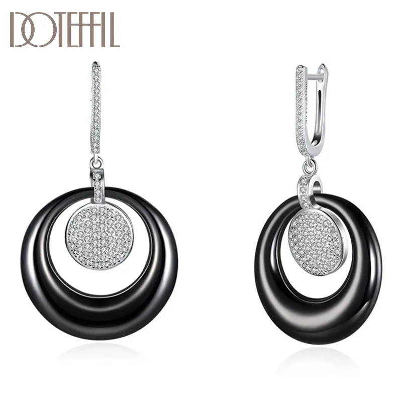 

DOTEFFIL 925 Sterling Silver White/Black Ceramic Circle AAA Zircon Earrings Charm Women Jewelry Fashion Wedding Party Gift