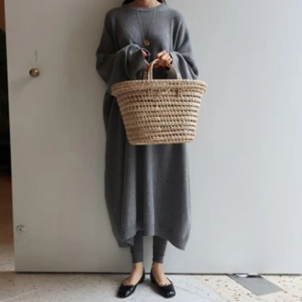 Женское трикотажное платье с круглым вырезом однотонное повседневное Свободное