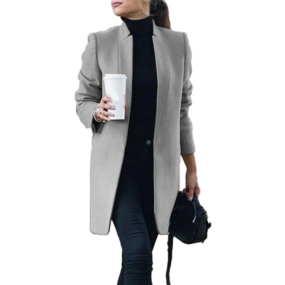 

JESSIC Office Lady Autumn Winter Women Jackets Blends Solid Color Stand Collar Women Blends Jacket Woolen Long Coat Cardigan