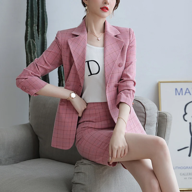 SUSIELADY Женский блейзер юбки костюмы в клетку для офиса женские двубортный с поясом