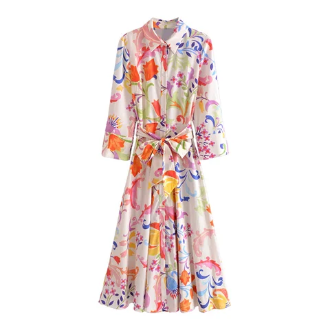 Модное платье-миди с цветочным принтом и поясом, Женская офисная одежда с длинным рукавом, платья-рубашки, женские платья с отложным воротником