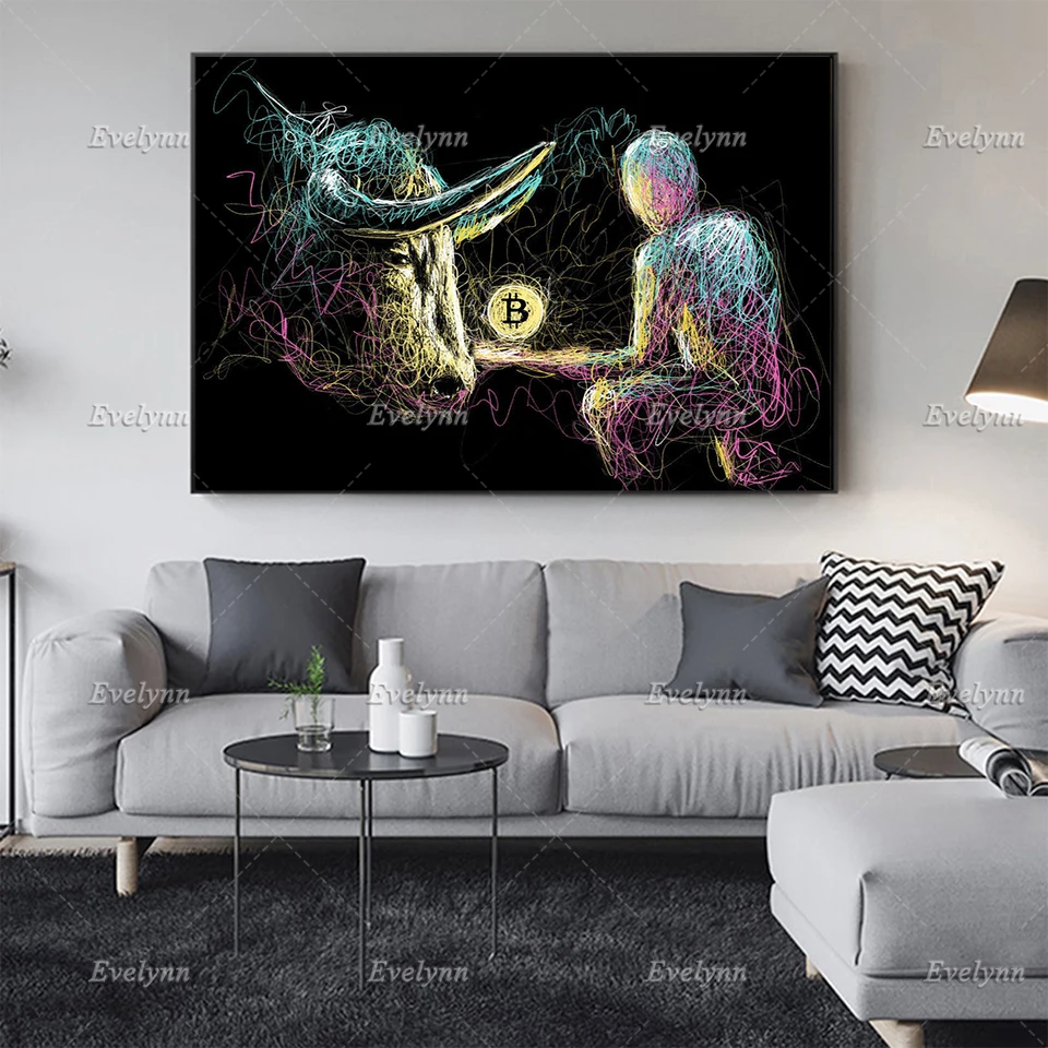 

Bitcoin Art"BULLISH ENERGY"Wall Art Canvas Painting Cryptocurrency Wall Decor Posters and Prints for Living Room Floating Frame