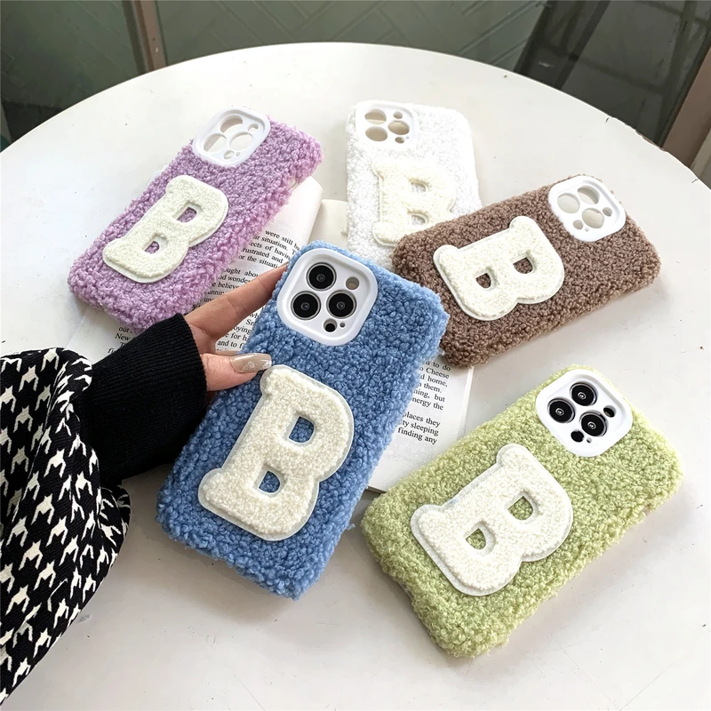 

Winter Furry Fabric Warm Plush Letter Alphabet B Logo Phone Case For iPhone 13 12 11 Pro Max X Xr Xs Max Coque Soft Cover
