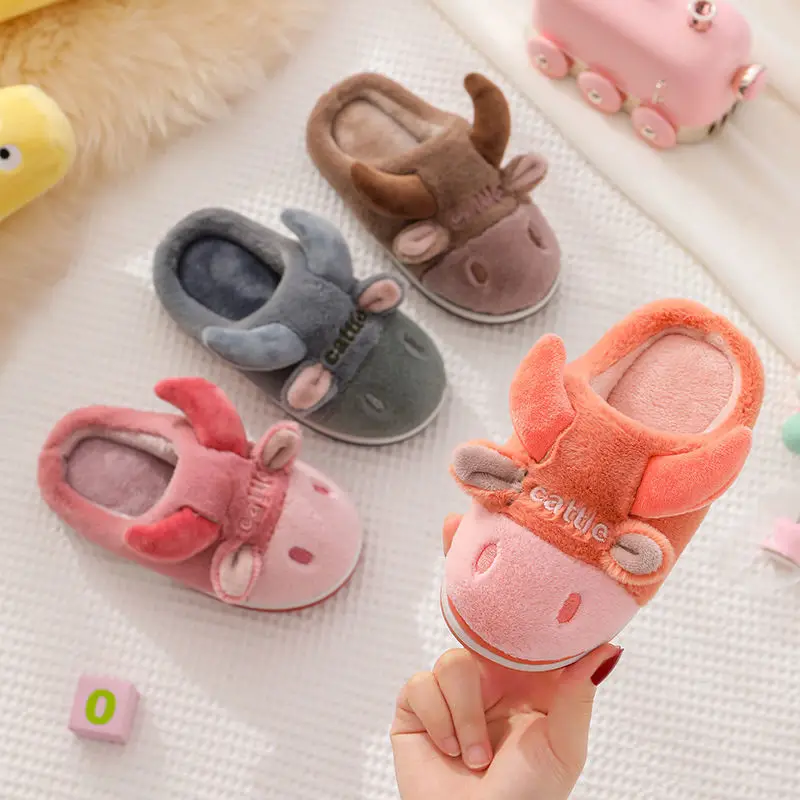 

Cute Horns Children's Cotton Slippers Autumn and Winter Cartoon Fur Slippers Baby Home Interior Boys and Girls Furry Slippers