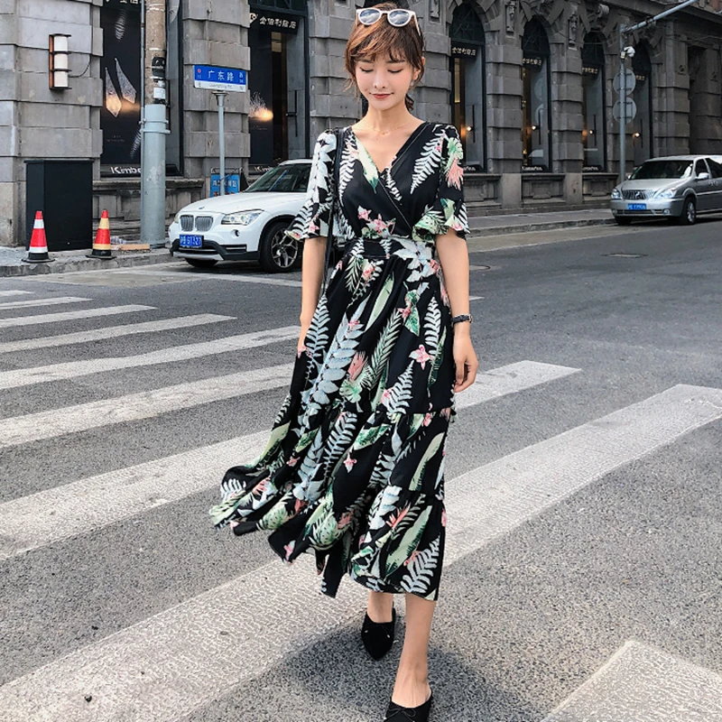 Женское платье макси в стиле бохо Летнее Длинное пляжное с цветочным принтом 3