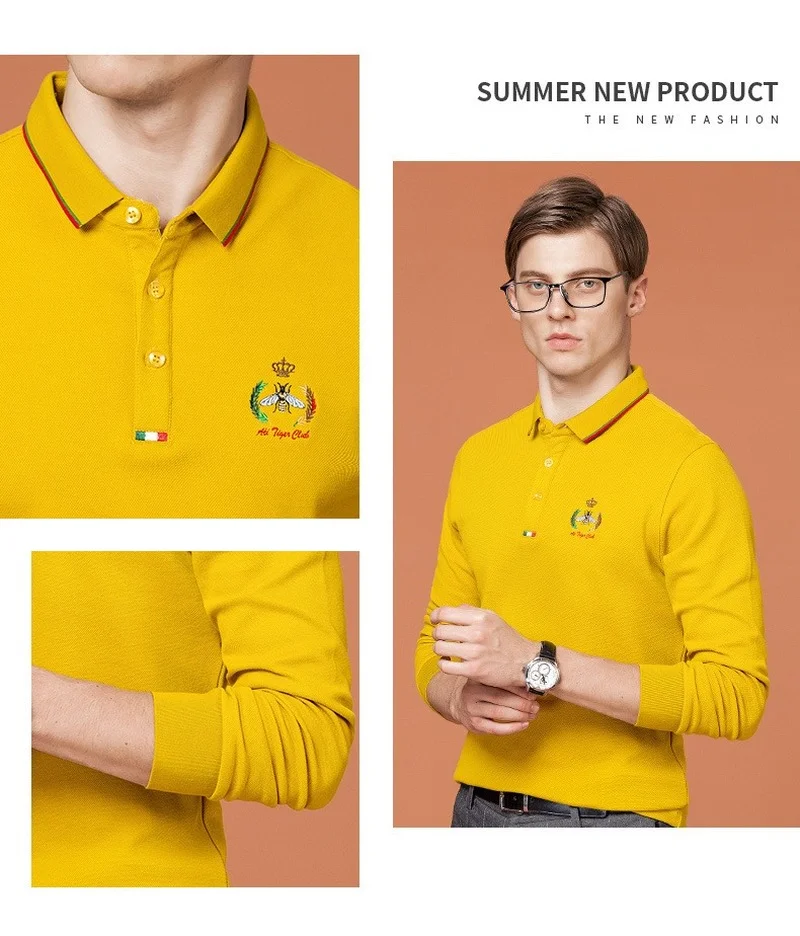 

2021 New Men Polo Shirt Mens Spring Cotton Long Sleeve Solid Polo Shirt Men's Casual Business Brand Bee Embroidery Polo Shirt