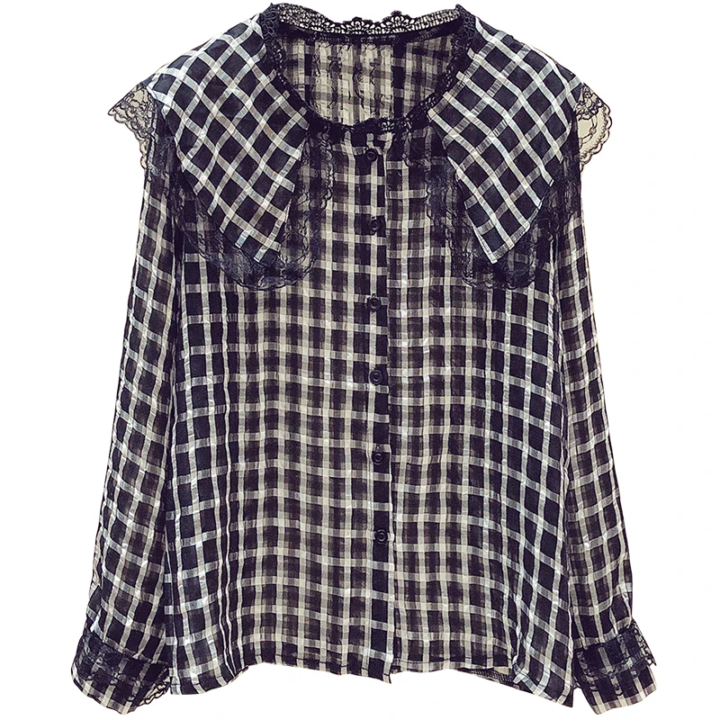 

2020 Autumn Fashion Women's Lace Turn Down Collar Long Sleeves Plaid Shirts Female Ladies Shirt Blouse Tops A4170