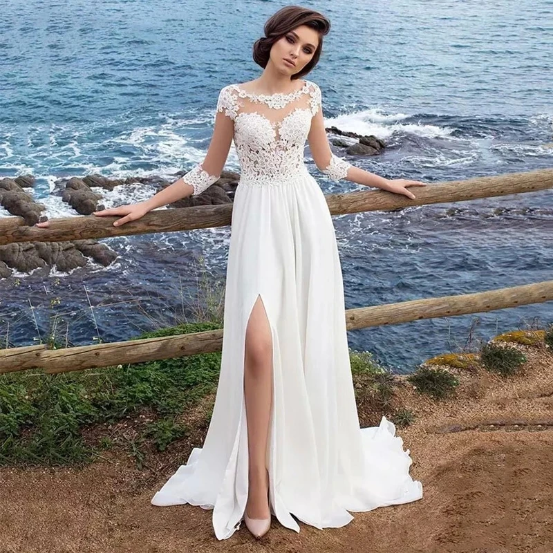 ChuYu 2021 Elegant O Neck Split Side Vestido De Novia Appliques Long A-line Tulle See Through Wedding Dress Formal Occasion