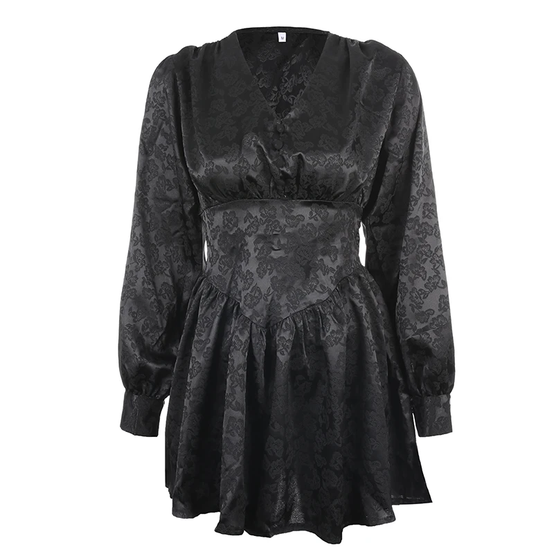 

V Neck Jacquard Harajuku Punk Pleated Dress Autumn Long Sleeve Short Dress Women Casual Preppy Style Gothic Dresses