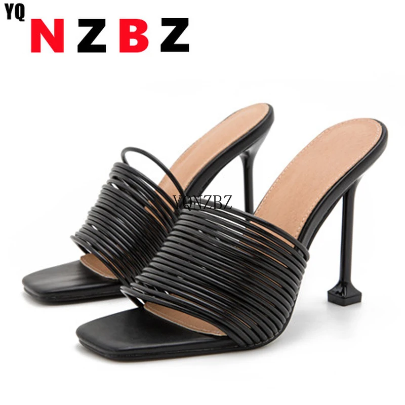 

YQNZBZ Square toe Womens Slipper shoes Summer Mules Sandals Multi knot Sexy high heel Slides Ladies Rome shoes Women Slippers