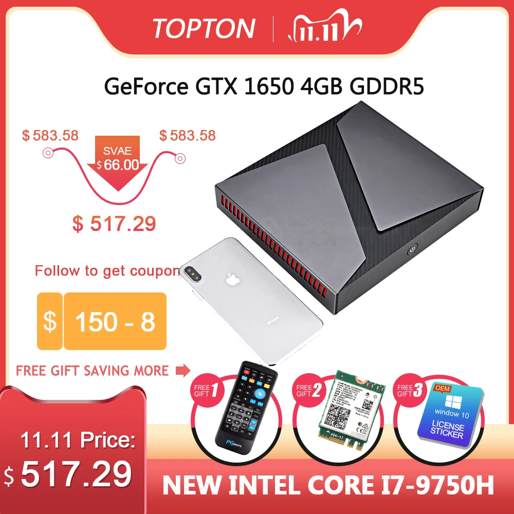 TOPTON модный дизайн мини ПК Intel Core i7 9750H DDR4 UHD Graphics 630 GeForce GTX 1650 4 ГБ GDDR5 Графический