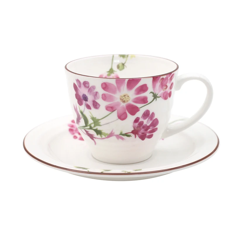 

European Bone China Coffee Cups Saucer Set Creative 230Ml Flowers Ceramic Afternoon Tea Cups Party Office Drinking Cup