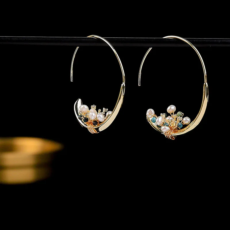 New Arrival Bohemia Woman's Hoop Earrings with White Freshwater Pearls Natural Stones for Woman Best Gift Size 42*35mm | Украшения и