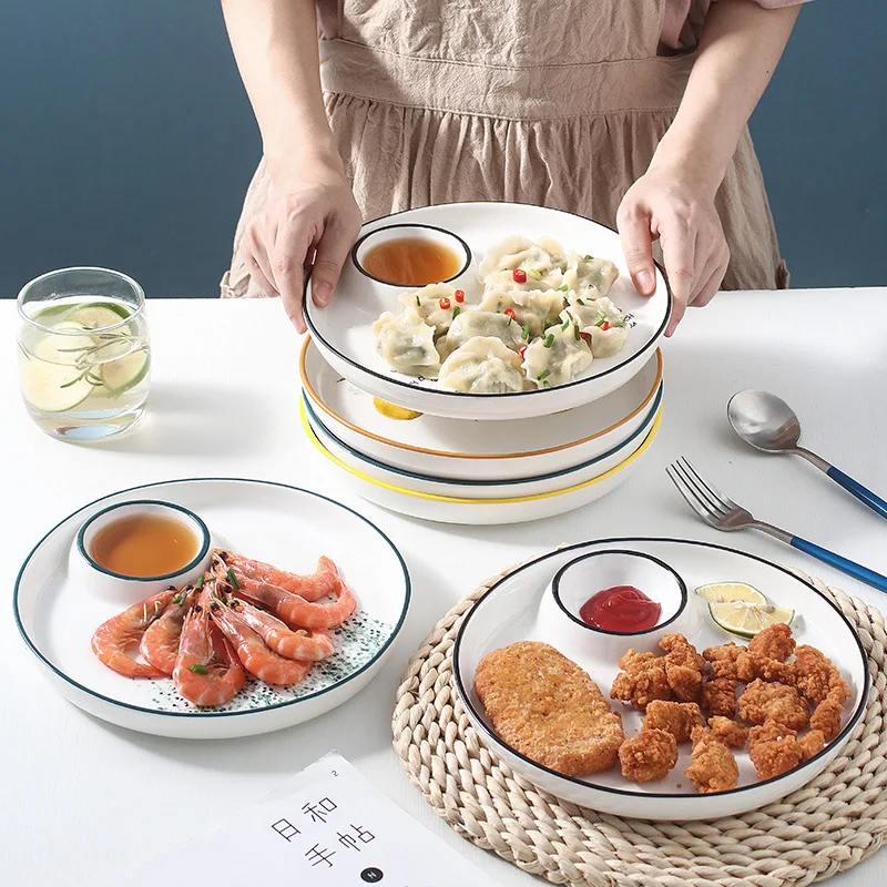 

Nordic Creative Dumpling Plate Household Ceramic Cold Dishes Shrimp Grid Breakfast Plate Tableware with Vinegar Plate