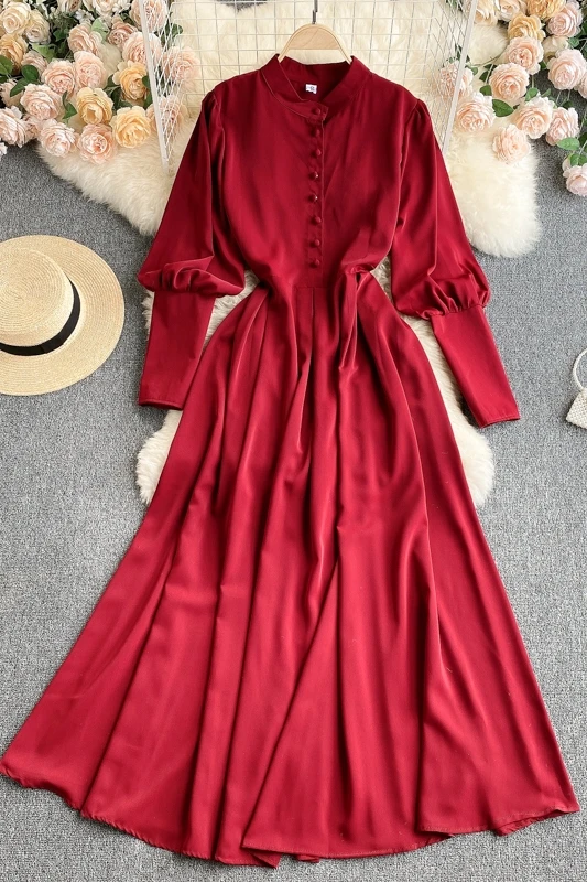 

Women's Clothing 2021 New Round Neck Single Breasted Dress Female Slim Long Puff Sleeve Ladies Dress Solid Color Dress