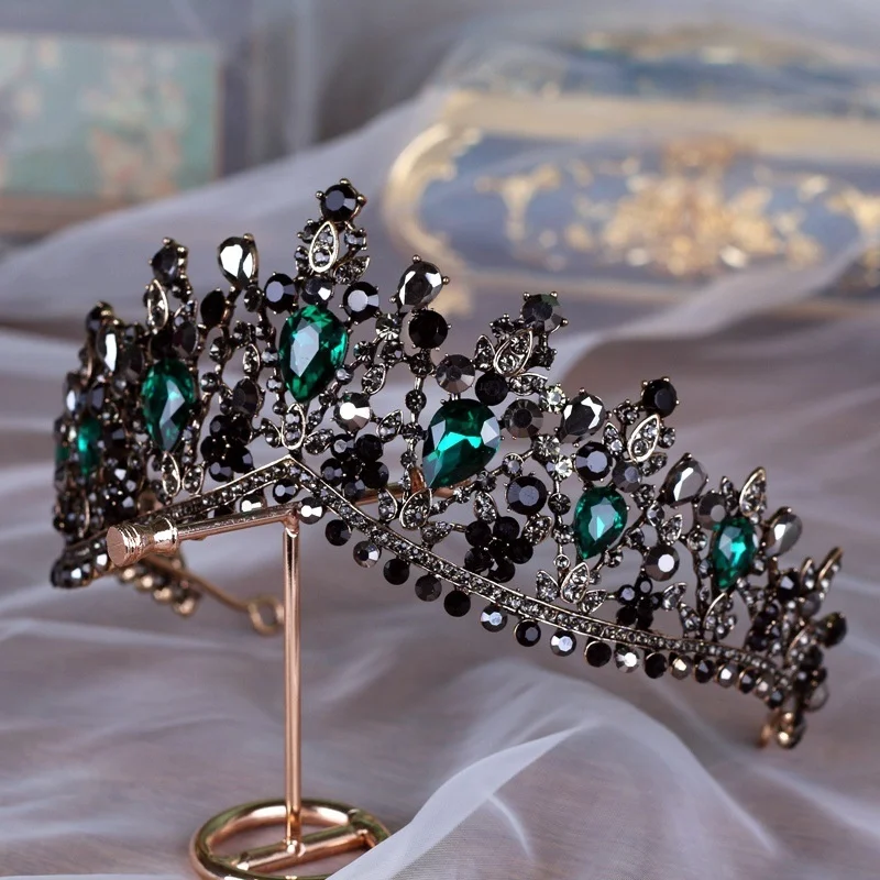 

Baroque Bronze Black Green Crystal Bridal Tiaras Crown Vintage Rhinestone Diadem for Brides Headbands Wedding Hair Accessories