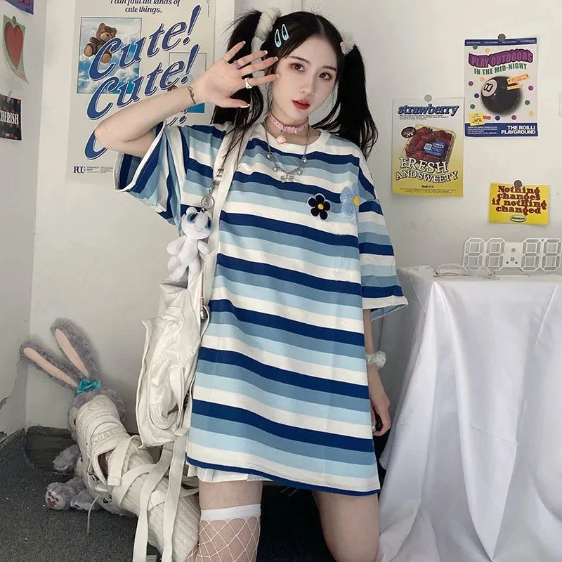 

T Shirt Oversize Femme Rainbow Striped Short-sleeved Tshirt Harajuku Korean Version Tide Loose Summer E Girl Clothes for Women