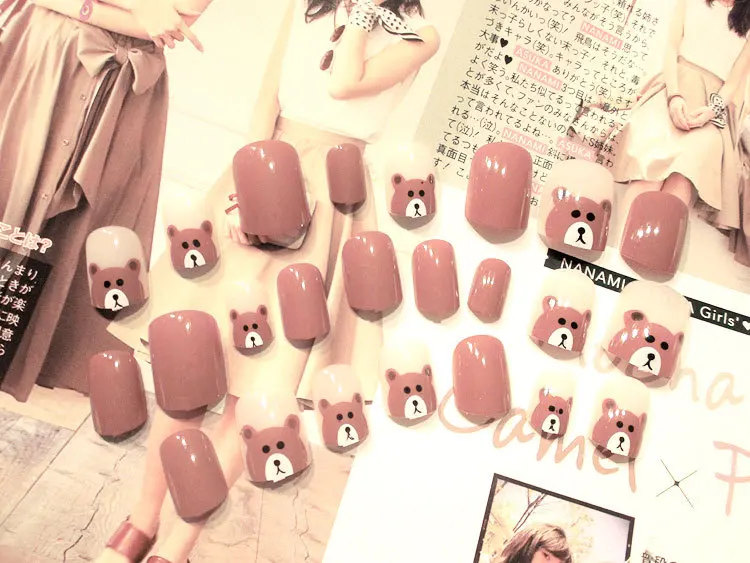 New 24pieces Brown Bear Cute 3D Acrylic Classical Plastic Art Short Fake false Sticker Nail Tips Free Glue Gel [N311]