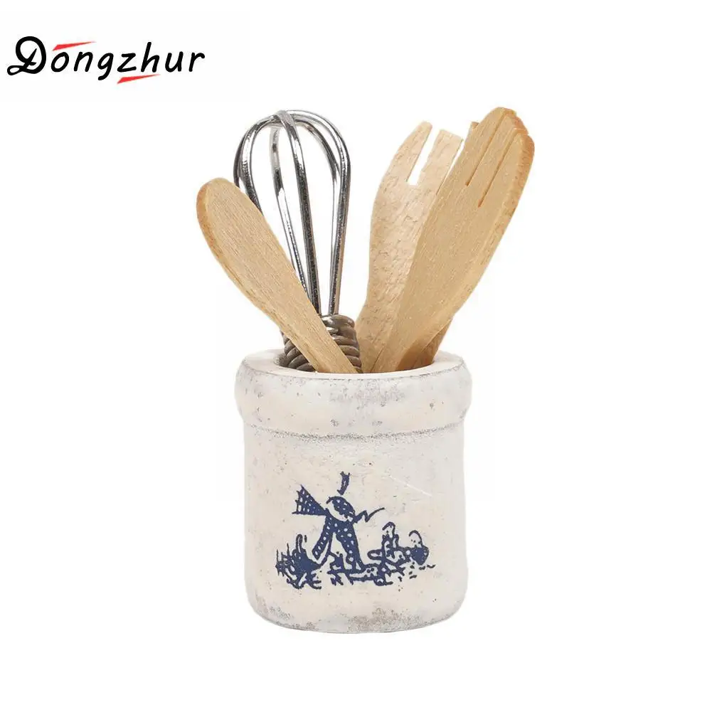 

Dongzhur 1:12 Dollhouse Accessories Miniatures Wooden Jar Metal And Mini Decor Set Dollhouse Kitchen Model Whisk Knife Fork K6I1