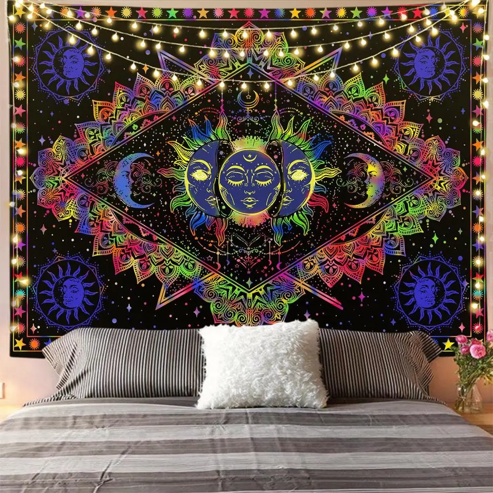 

Psychedelic Tarot Astrology Witchcraft White Black Sun Moon Mandala Tapestry Wall Hanging Wall Decor Art Celestial Room Tapestry