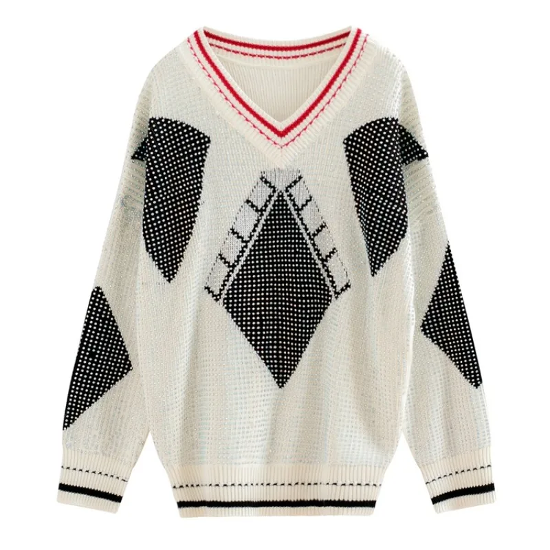 

Autumn New Womens Casual Loose V-Neck Pullover Kintting Sweater Long Sleeve Geometric Bling Diamonds Fashion Streetwear Jumpers