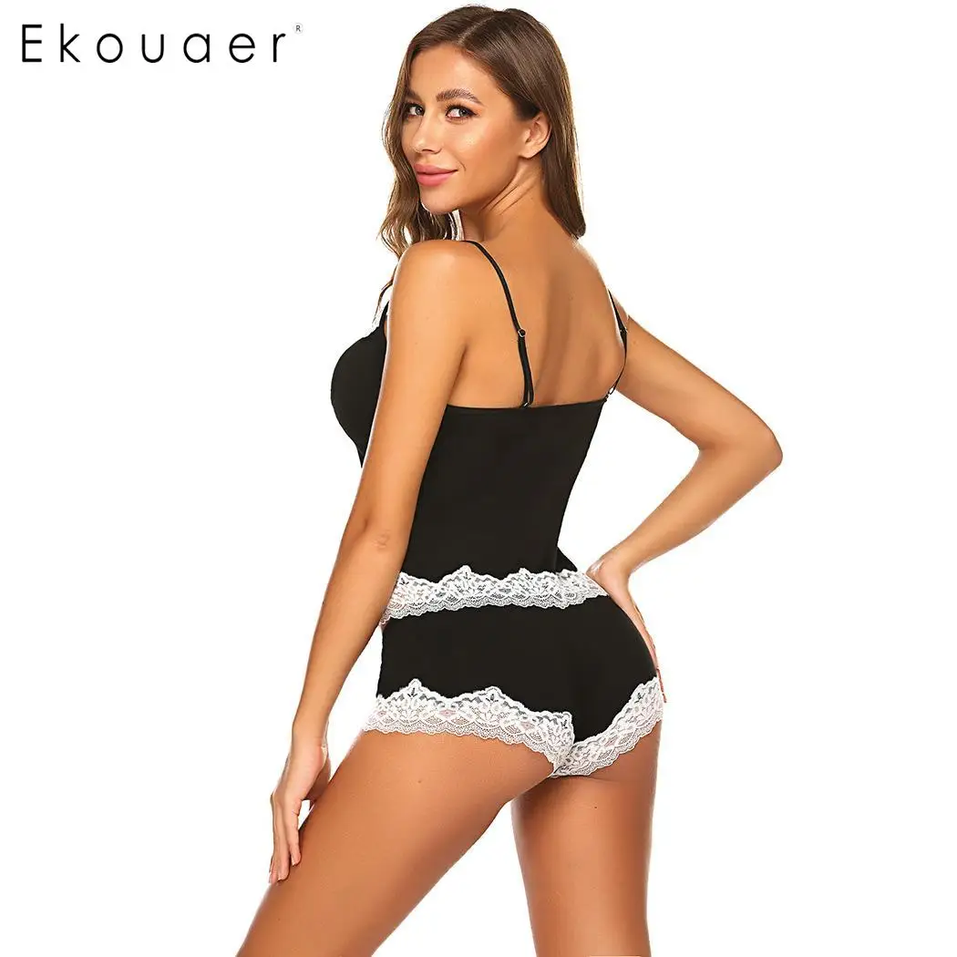 Ekouaer женская летняя пижама сексуальная пижама Loungewear кружевная Лоскутная Сексуальная Спагетти ремень белье пижамный комплект