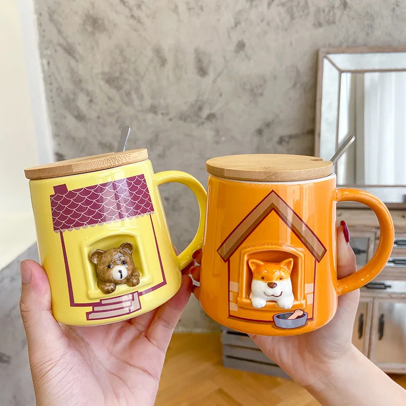 

Cartoon Embossed Mug Cute Shiba Inu Cup With Lid Spoon Personality Three-dimensional Animal Ceramic Cup Trend Cup Drop shipping