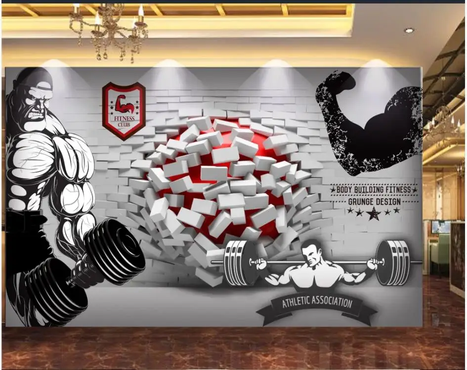 

Custom photo wallpaper for walls 3 d wallpaper murals 3D broken wall painting fitness gym mural gym tool background wall papers