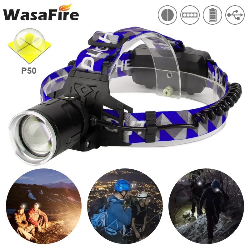 

Мощный светодиодный налобный фонарь WasaFire XHP50, USB-зарядка, фонарь с фокусировкой 18650, освесветильник для кемпинга и рыбалки