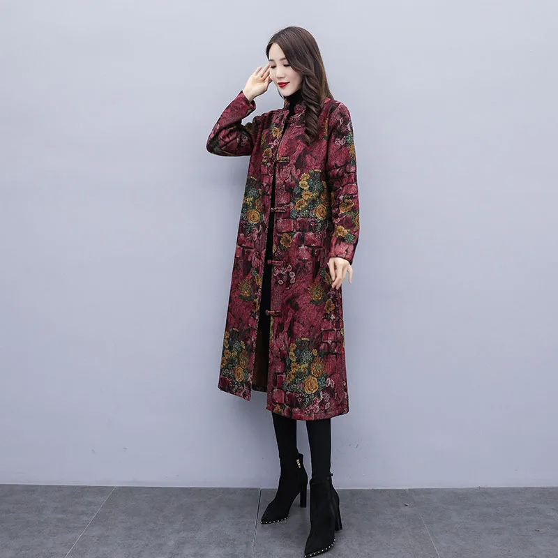 2021 Fall Winter New Fashion Ethnic Wind Disc Buckle Cotton-Padded Jacket Wwomen's Mid-Length Plus Velvet Thick Windbreaker Coat