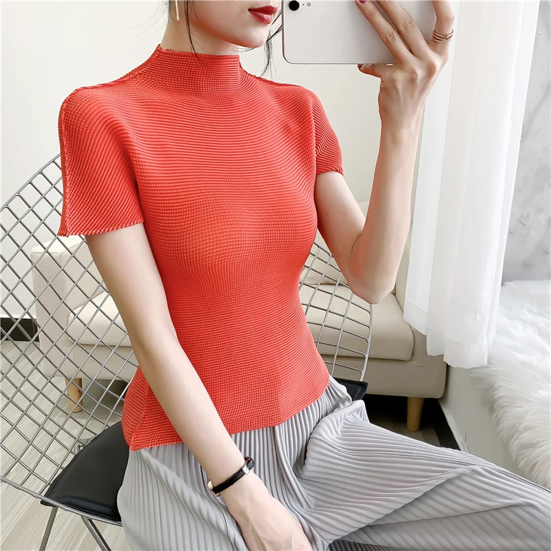 

POPOLLE2021 Ladies New Pleated Tops Four-sided Stretch High-quality Thin Fabric Short-sleeved High-neck Fashion Women's T-shirt