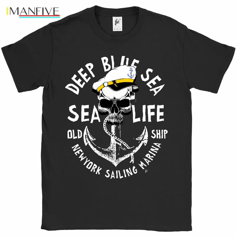 Темно синяя Морская жизнь капитан череп и якорь Мужская футболка с коротким