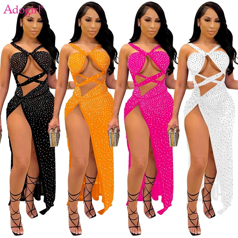 

Adogirl Women Sexy Hollow Out Diamonds Maxi Dress Spaghetti Straps Backless High Split Long Party Robe Night Club Wear Vestidos