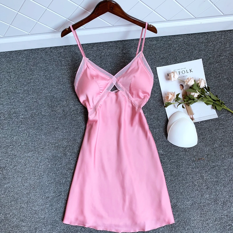 

Harajpee Women Pajama 2021 Summer French Sexy Temperament Extremely Seductive Ice Silk Hollow Out Halter Suspender Nightdress