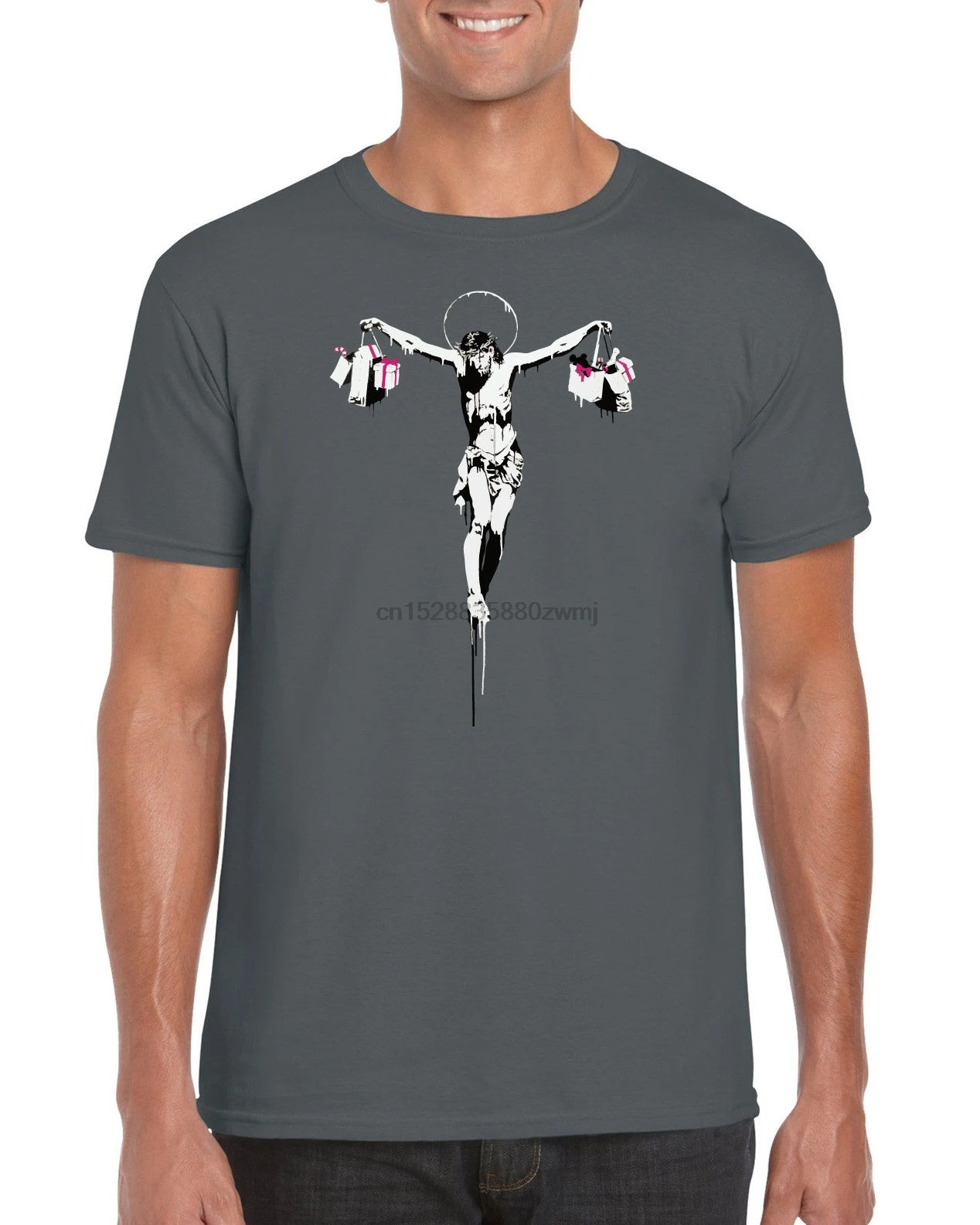 

Banksy Shopping Jesus Christ Graffiti Modern Art Graphic T Shirt 100% Cotton Short Sleeve O-Neck Tops Fashion 2019 S-3XL