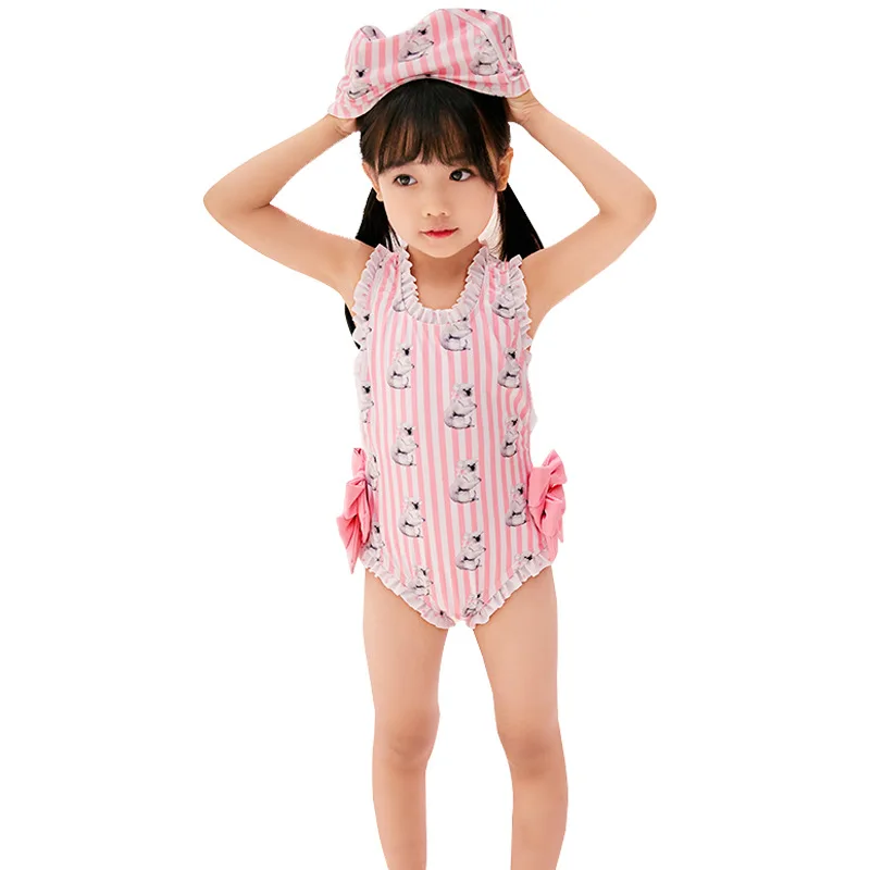 Слитный купальник для девочек 2 шт. шапочка плавания в полоску с мультяшным