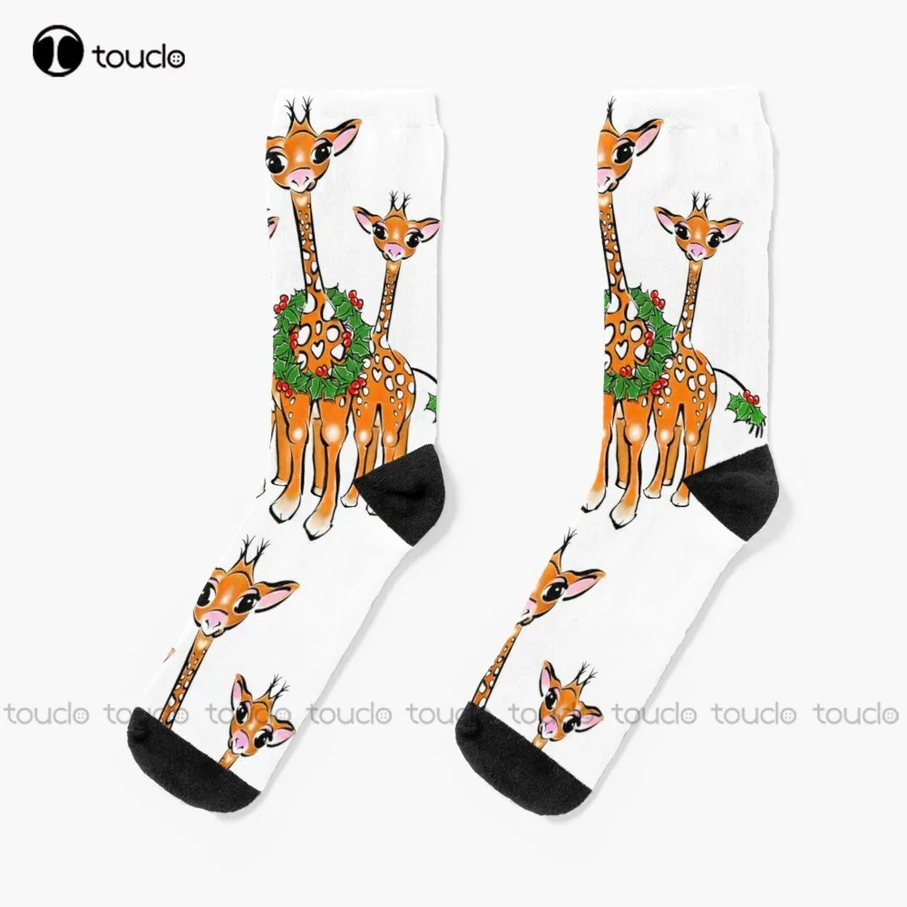 

Christmas Giraffe Family Cute Illustration With Red-Green Holly Wreath Socks Thin Socks Women Personalized Custom Christmas Gift