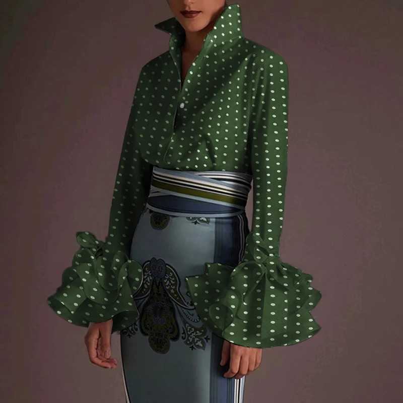 Женская рубашка с отложным воротником на пуговицах принтом в горошек | одежда